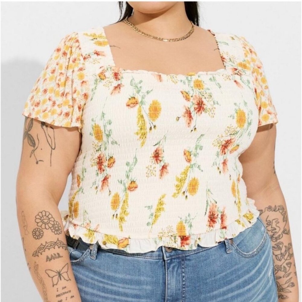 Torrid Women's Warm Sunset Floral Smocked Flutter Sleeve Crop Top Size 3
